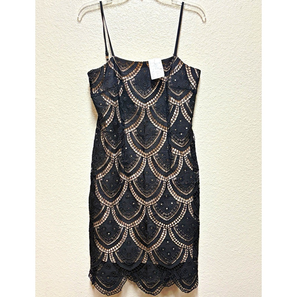 Jade Lace Overlay Black Beige Lined Slip Mini Dress Strappy Sleeveless XS Zip